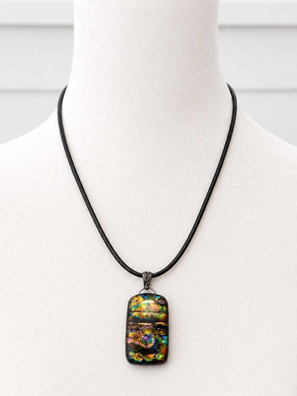 Handmade Dichroic Glass Pendant Necklace on Black Cord